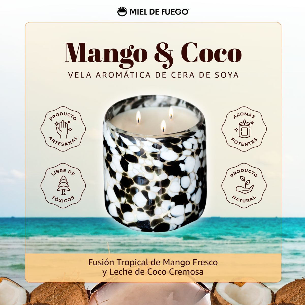 MIEL DE FUEGO - Vela Aromatica De Cera De Soya 100% Artesanal – Aroma Mango Y Coco | +42 Hs De Duracion – 450 Gr | Mango Y Leche De Coco - General -Snowball Market