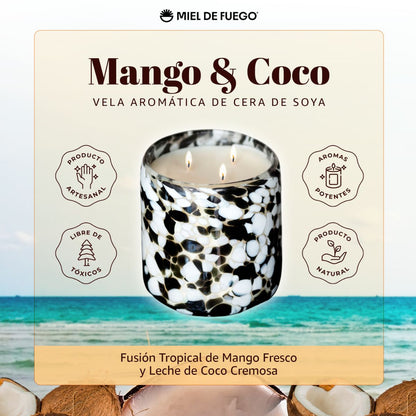 MIEL DE FUEGO - Vela Aromatica De Cera De Soya 100% Artesanal – Aroma Mango Y Coco | +42 Hs De Duracion – 450 Gr | Mango Y Leche De Coco - General -Snowball Market